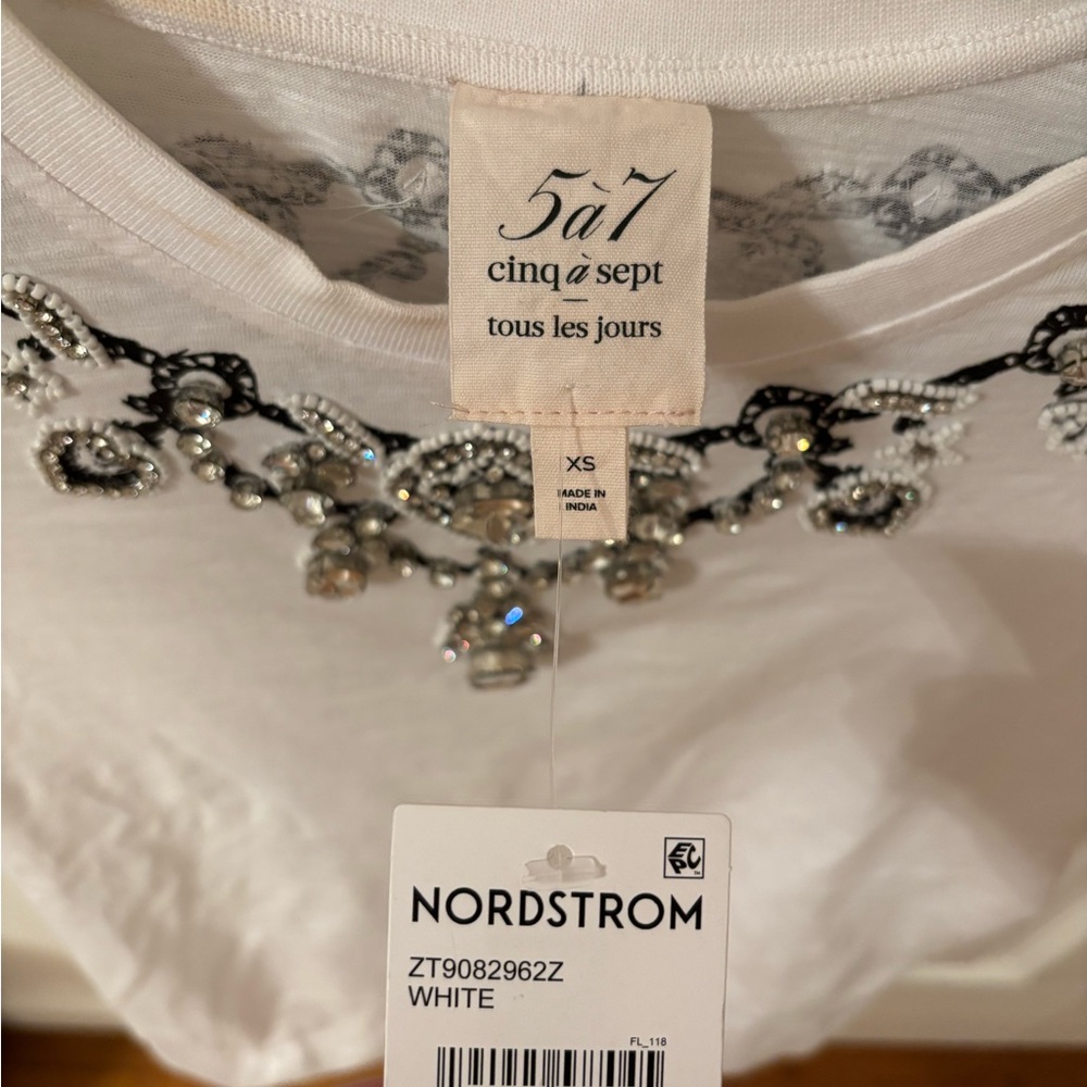cinq a sept White Short Sleeve Tee with Jeweled Embellished Neckline - Picture 3 of 4